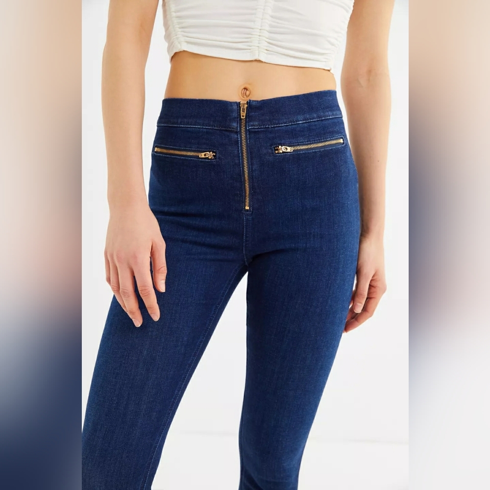 Forever 21 Dark Denim Pull On Ankle Skinny Jeans Gold Exposed Zipper Stretchy